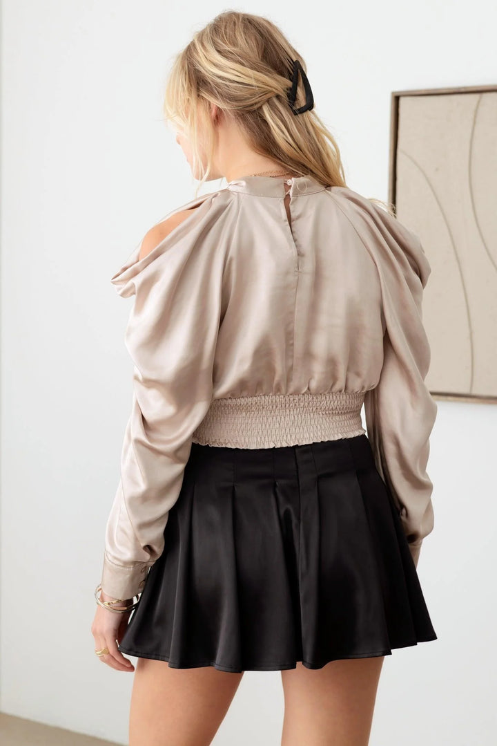 Satin Drape Sleeve Crop Cold Shoulder Top *New Import*