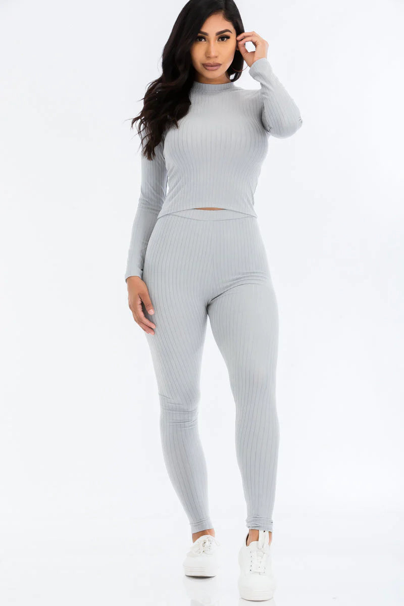 Ribbed Mock Neck Long Sleeve Top & Leggings Set (CAPELLA) - Threads Underground