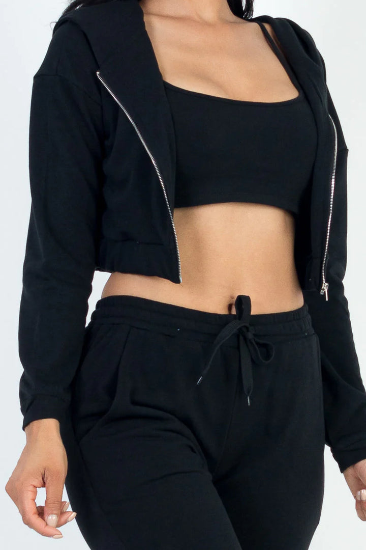 French Terry Cropped Cami with Zip-Up Jacket and Joggers Set (CAPELLA)