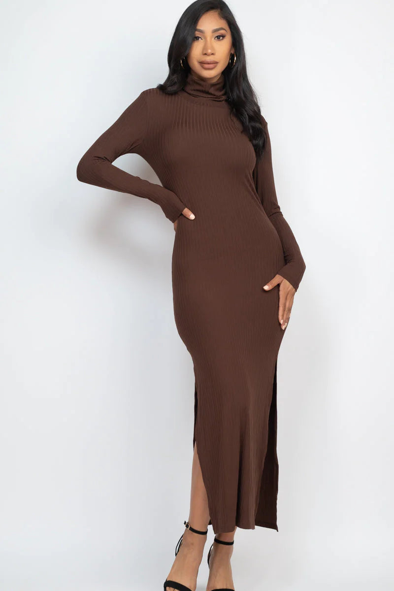 Ribbed Turtleneck Side Slit Maxi Dress (CAPELLA) - Threads Underground