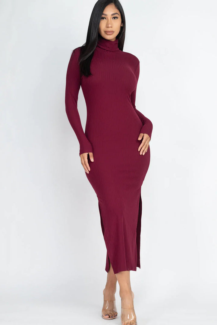 Ribbed Turtleneck Side Slit Maxi Dress (CAPELLA) - Threads Underground