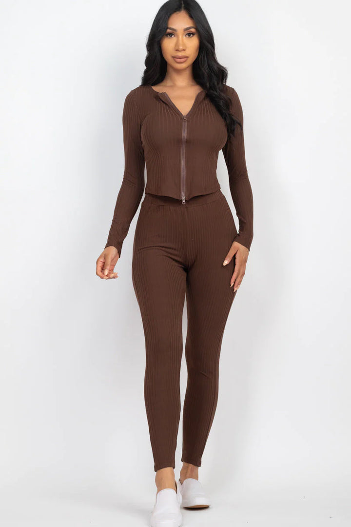 Ribbed Zip Front Long Sleeve Top & Leggings Set (CAPELLA) - Threads Underground