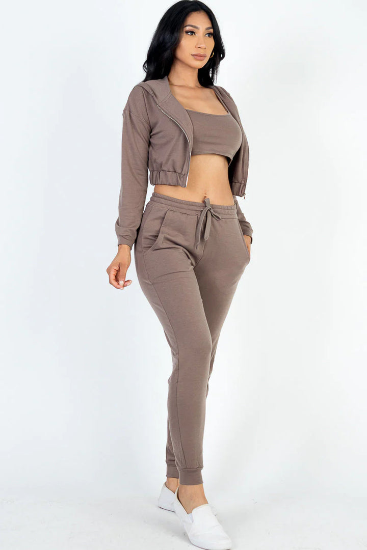 French Terry Cropped Cami with Zip-Up Jacket and Joggers Set (CAPELLA)