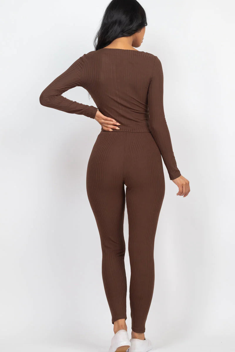 Ribbed Zip Front Long Sleeve Top & Leggings Set (CAPELLA) - Threads Underground