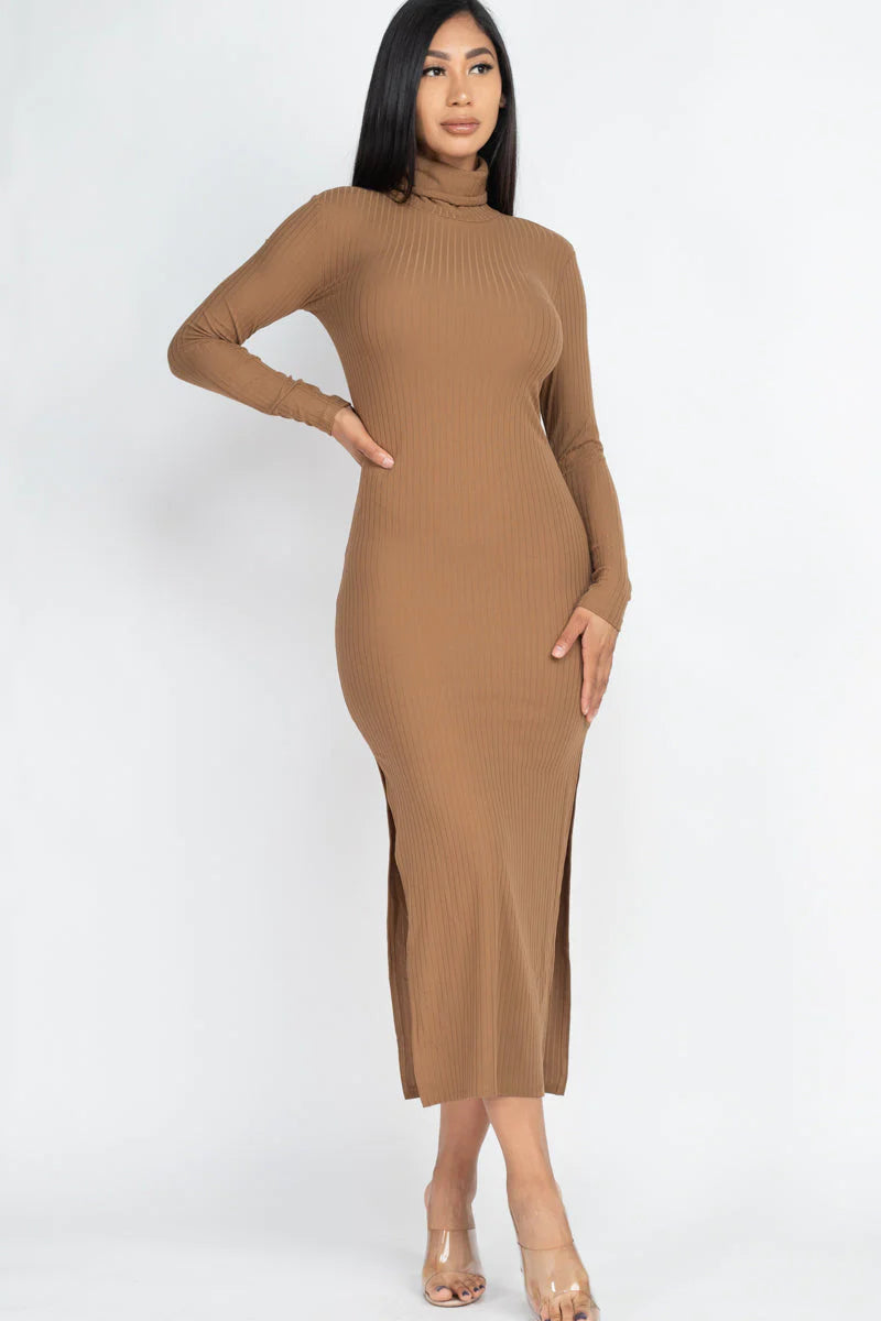 Ribbed Turtleneck Side Slit Maxi Dress (CAPELLA) - Threads Underground