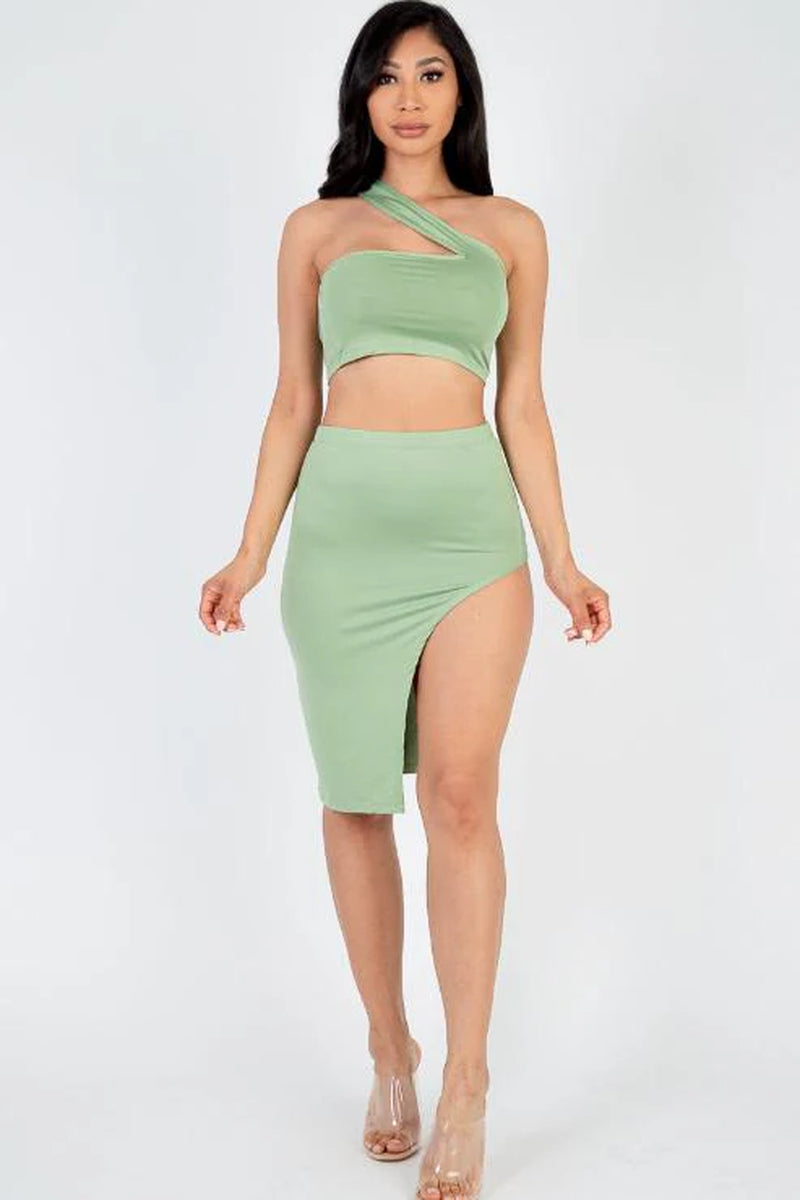 Sexy Solid One Shoulder Crop Top & Split Thigh Midi Skirt Set (CAPELLA) - Threads Underground