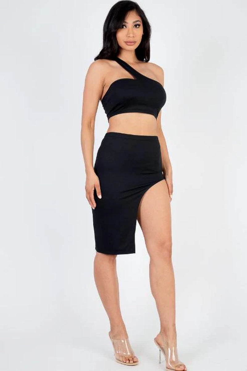 Sexy Solid One Shoulder Crop Top & Split Thigh Midi Skirt Set (CAPELLA) - Threads Underground