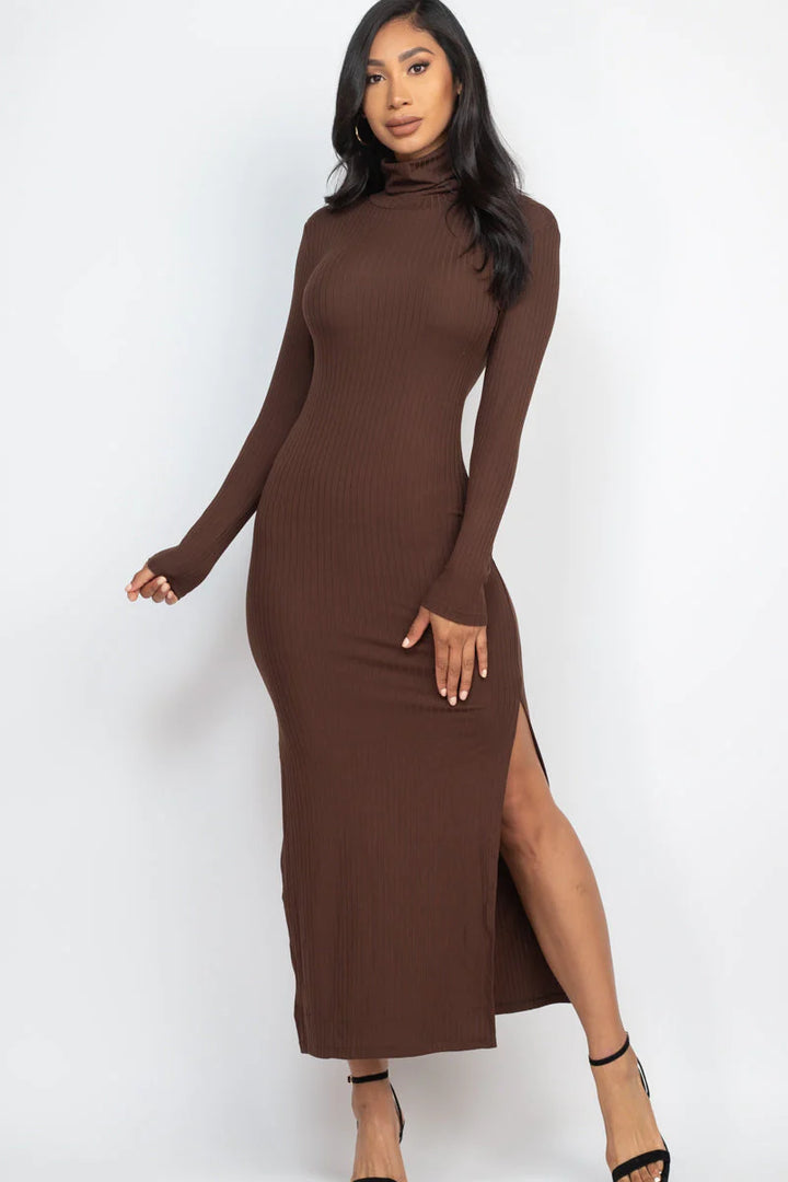 Ribbed Turtleneck Side Slit Maxi Dress (CAPELLA) - Threads Underground