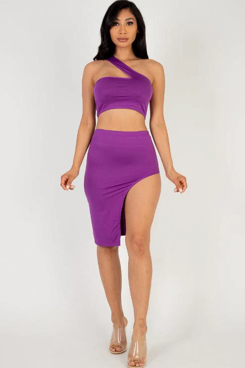 Sexy Solid One Shoulder Crop Top & Split Thigh Midi Skirt Set (CAPELLA) - Threads Underground