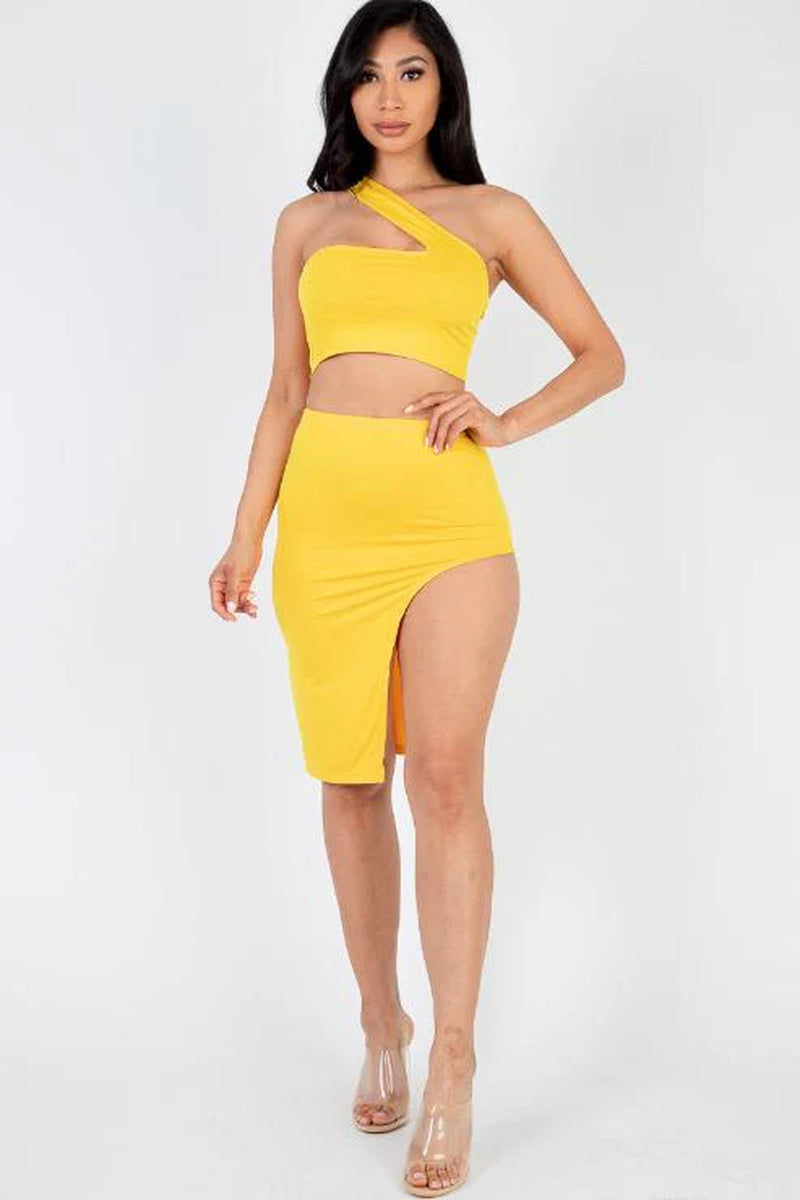 Sexy Solid One Shoulder Crop Top & Split Thigh Midi Skirt Set (CAPELLA) - Threads Underground