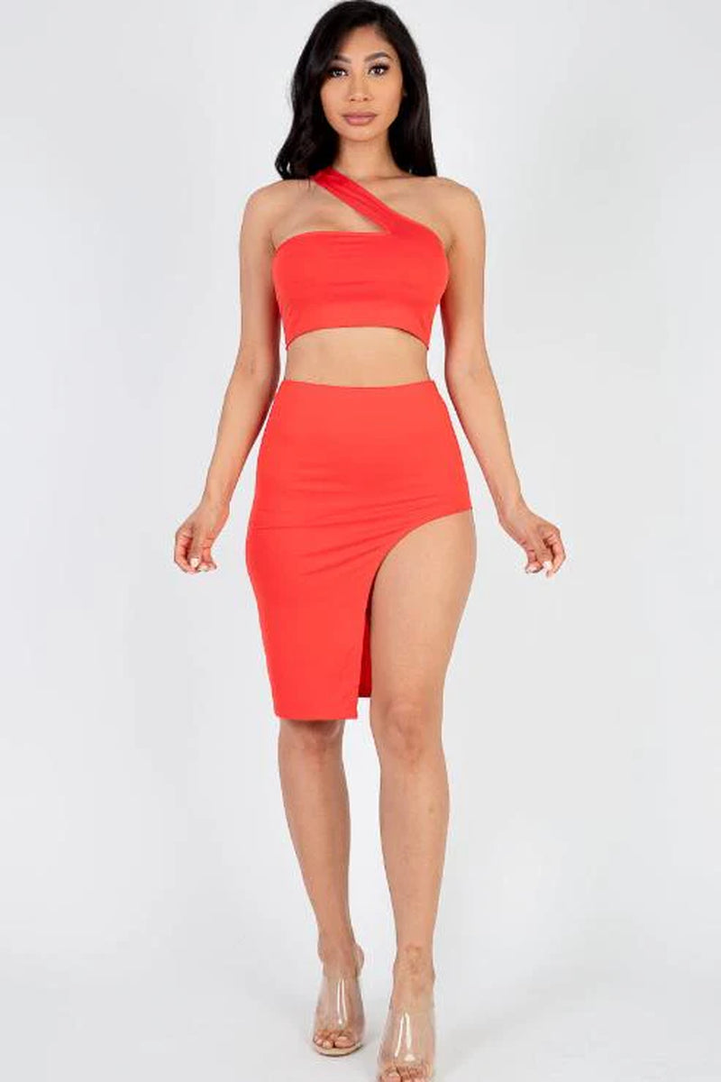 Sexy Solid One Shoulder Crop Top & Split Thigh Midi Skirt Set (CAPELLA) - Threads Underground