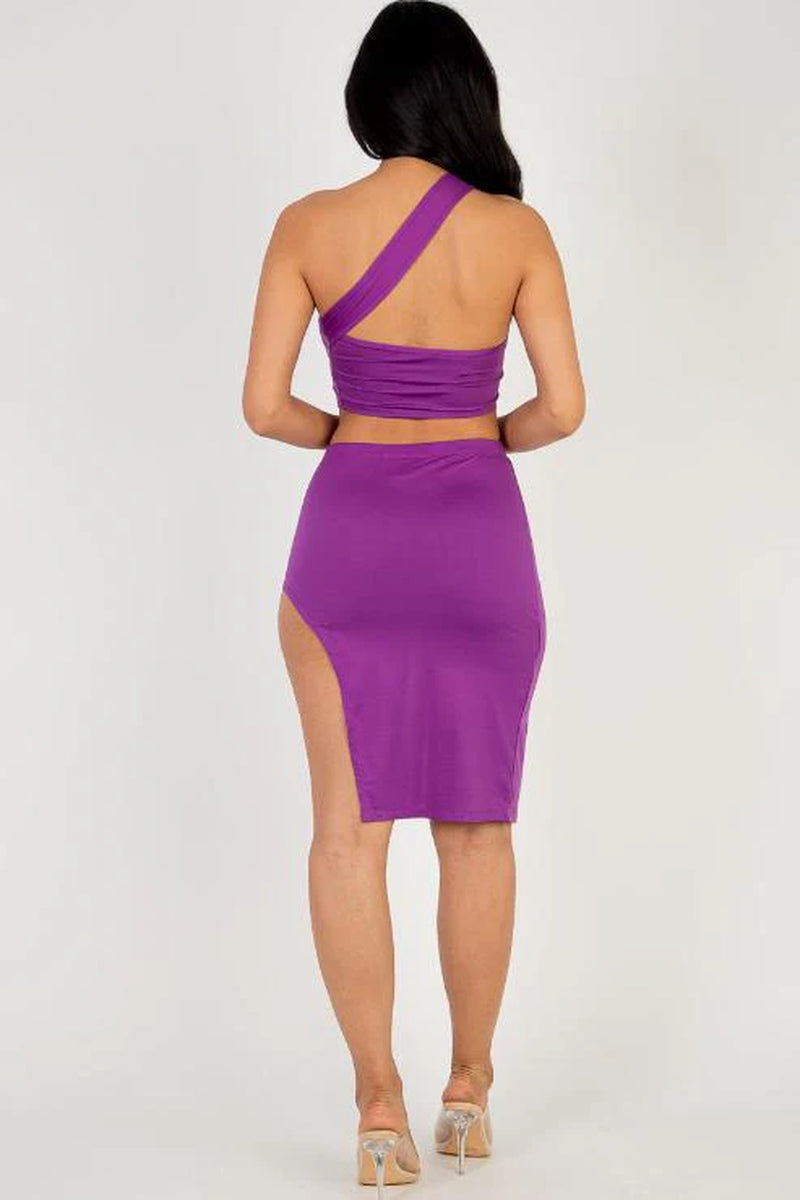 Sexy Solid One Shoulder Crop Top & Split Thigh Midi Skirt Set (CAPELLA) - Threads Underground