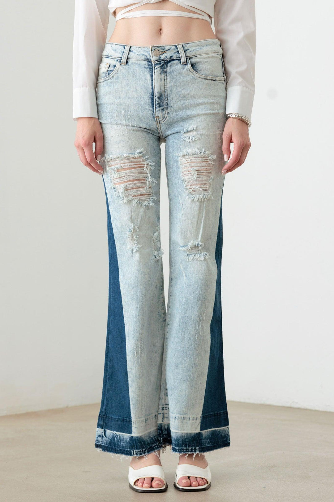 Tow Color Acid Wash Flare Denim Jeans *New Import*