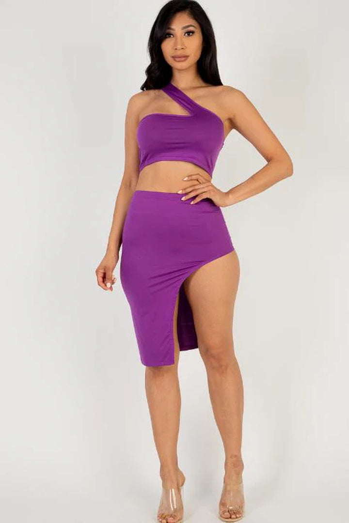 Sexy Solid One Shoulder Crop Top & Split Thigh Midi Skirt Set (CAPELLA) - Threads Underground