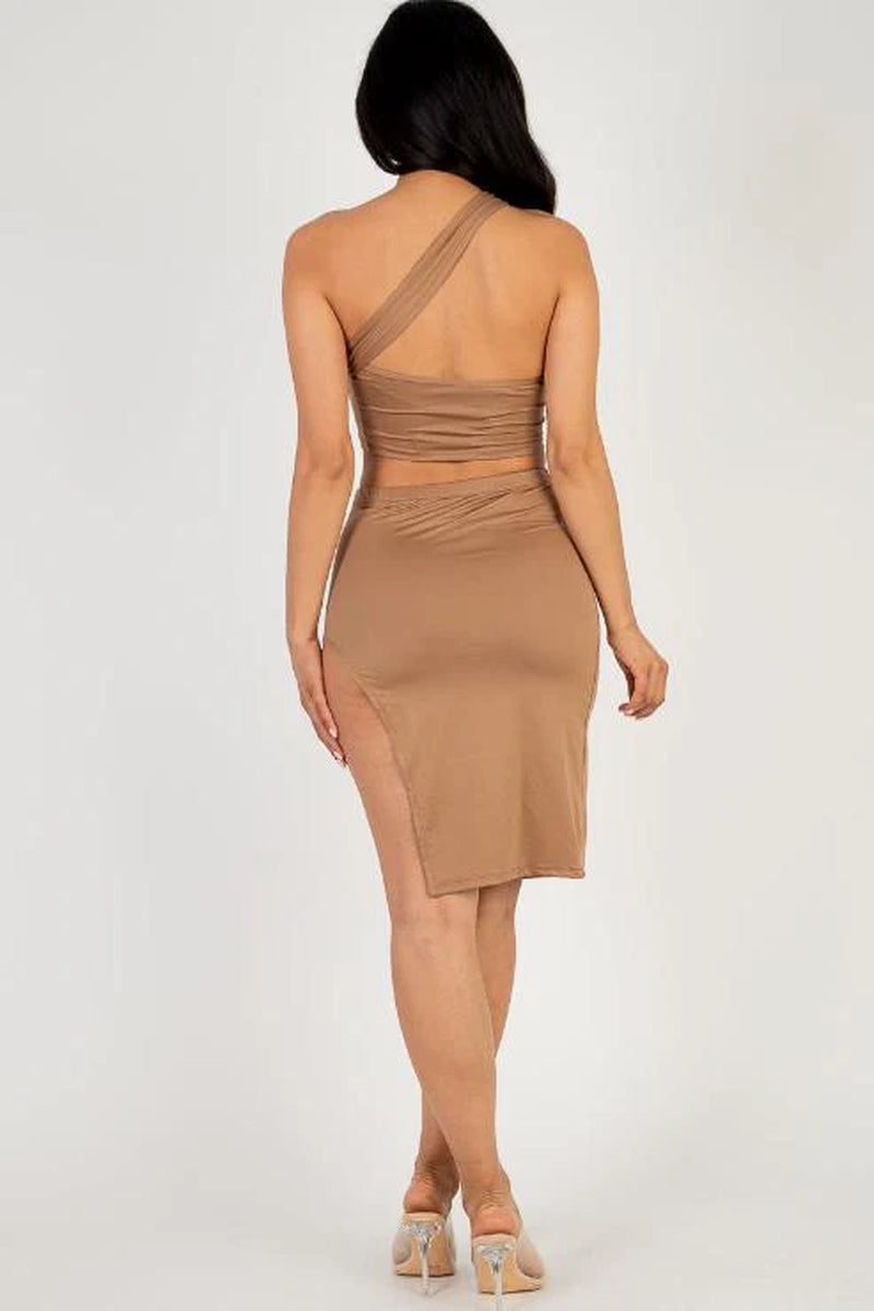 Sexy Solid One Shoulder Crop Top & Split Thigh Midi Skirt Set (CAPELLA) - Threads Underground