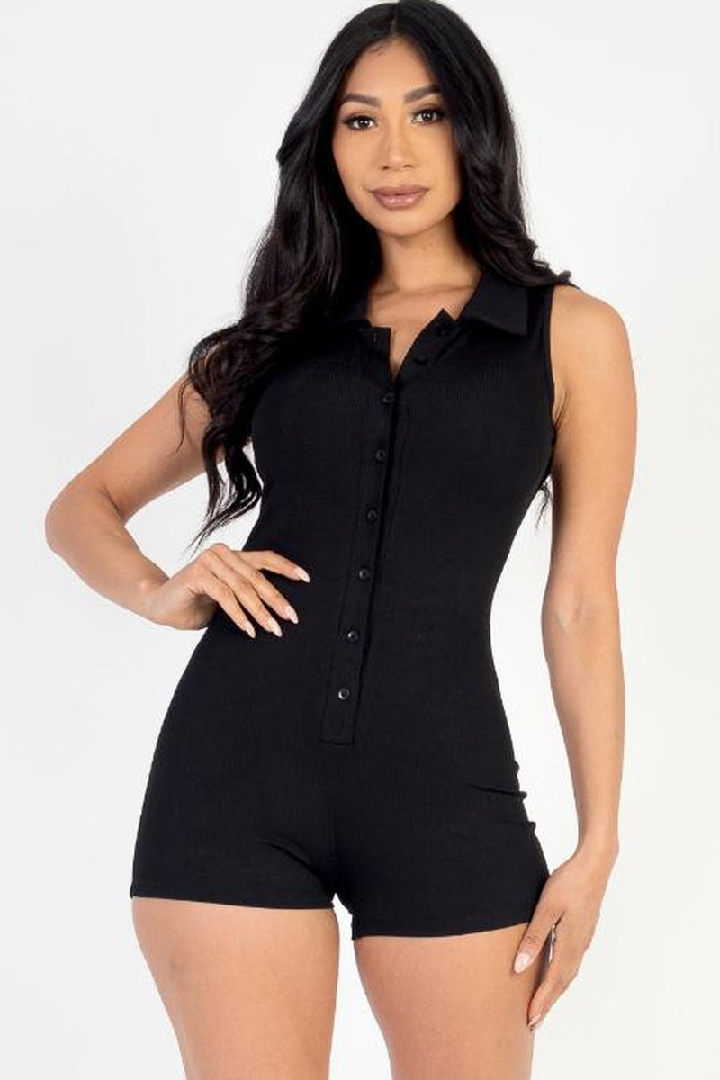 Ribbed Knit Sleeveless Button Front Romper (CAPELLA)