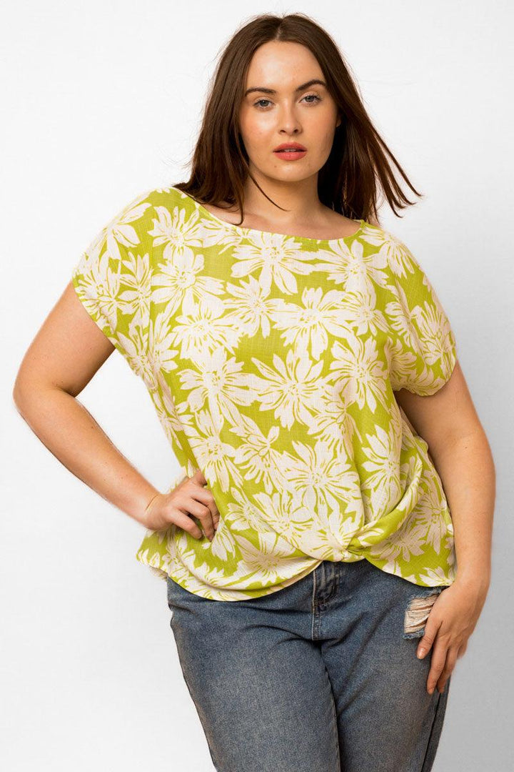 Plus Size Short Sleeve Floral Bottom Twist Top *New Import* *New Import*