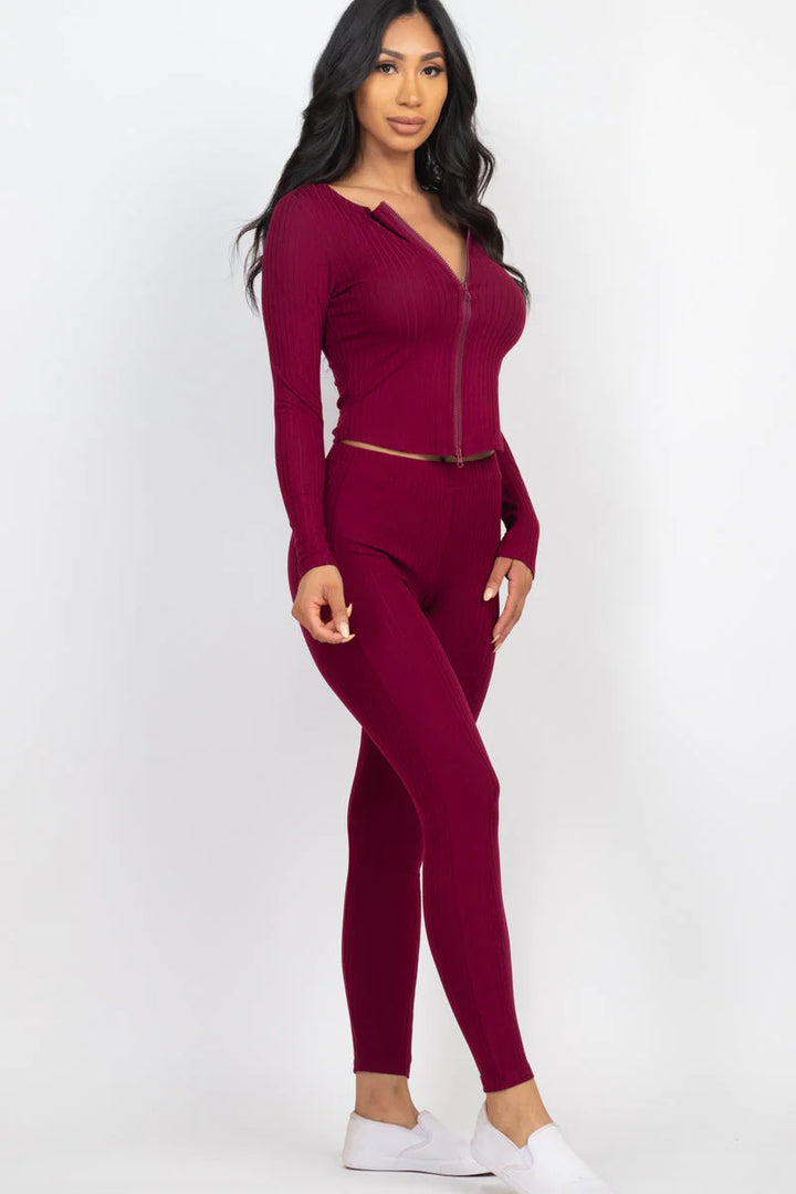 Ribbed Zip Front Long Sleeve Top & Leggings Set (CAPELLA) - Threads Underground