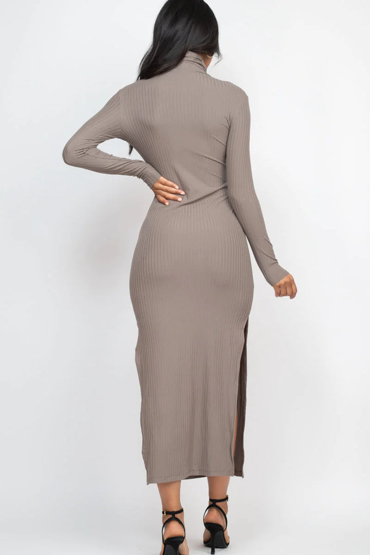 Ribbed Turtleneck Side Slit Maxi Dress (CAPELLA) - Threads Underground