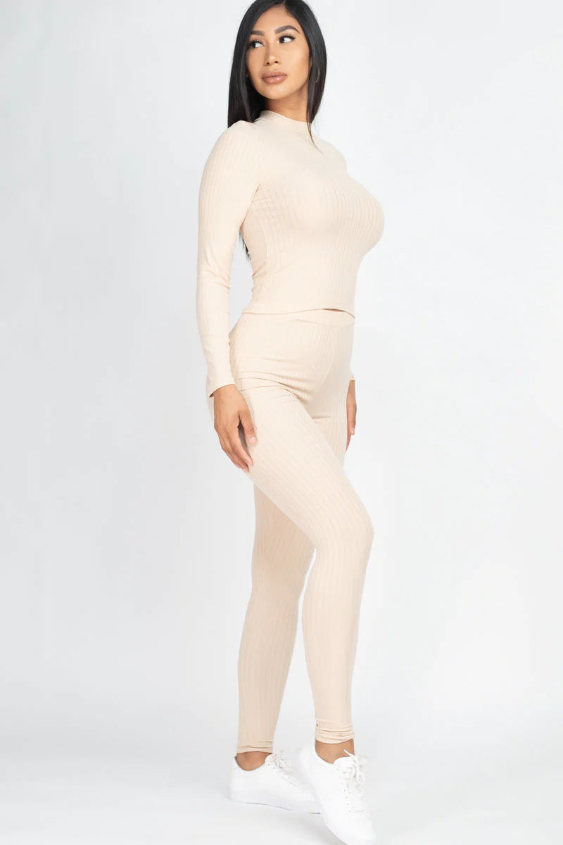 Ribbed Mock Neck Long Sleeve Top & Leggings Set (CAPELLA) - Threads Underground