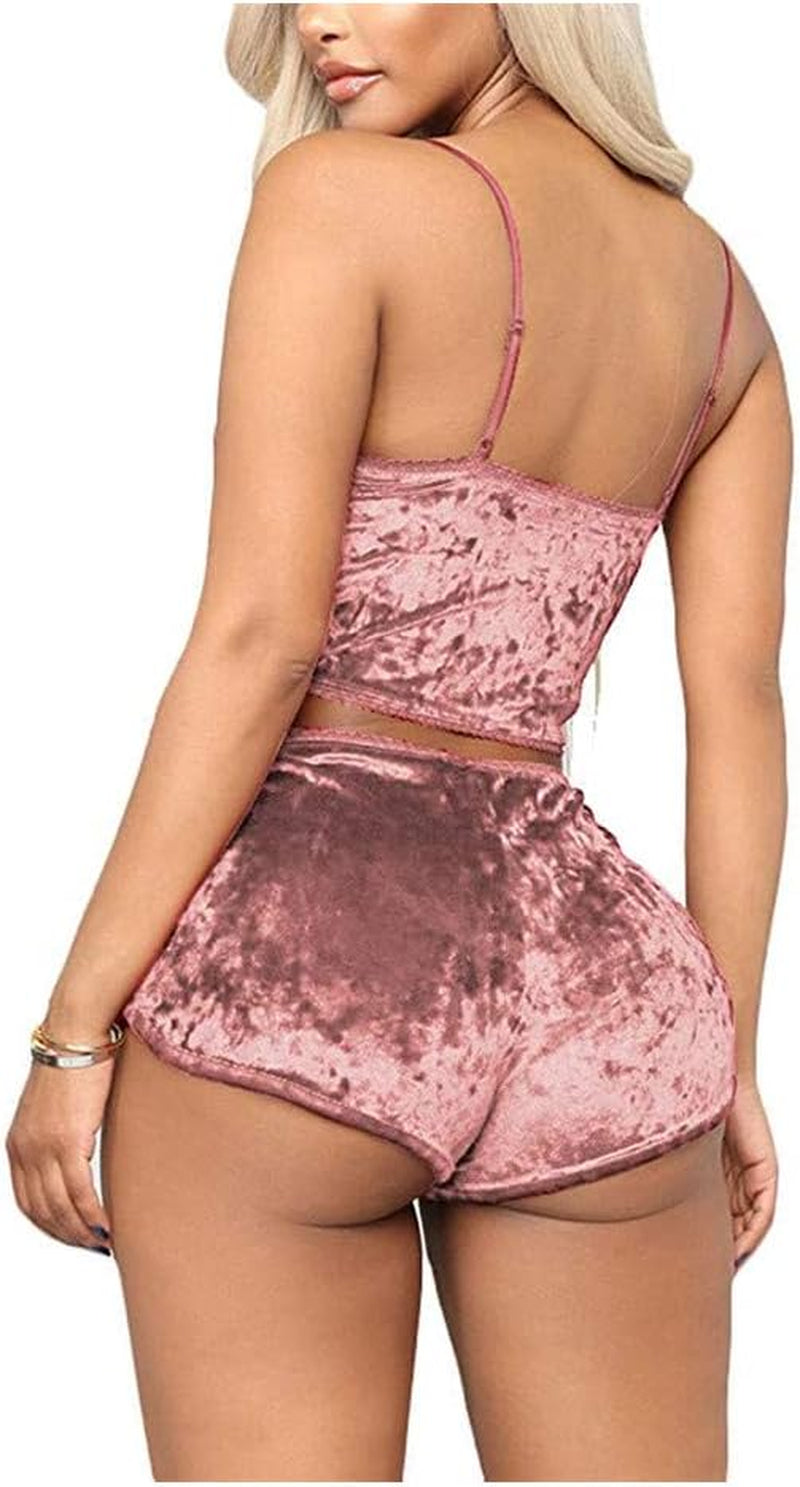 Women'S Velvet 2 Piece Outfit Spaghetti Strap Sleeveless Crop Top Camisole and Shorts Pajamas Set Sleepwear Nightwear *New Import*