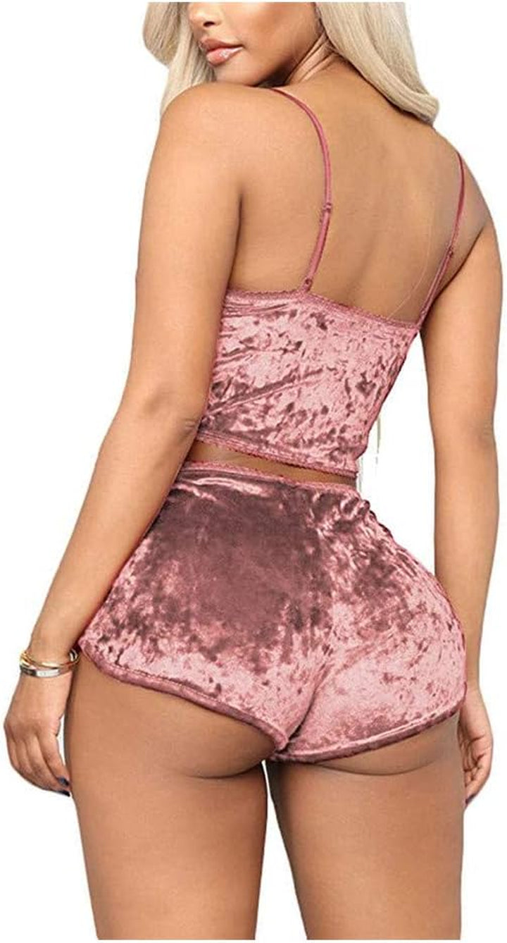 Women'S Velvet 2 Piece Outfit Spaghetti Strap Sleeveless Crop Top Camisole and Shorts Pajamas Set Sleepwear Nightwear *New Import*