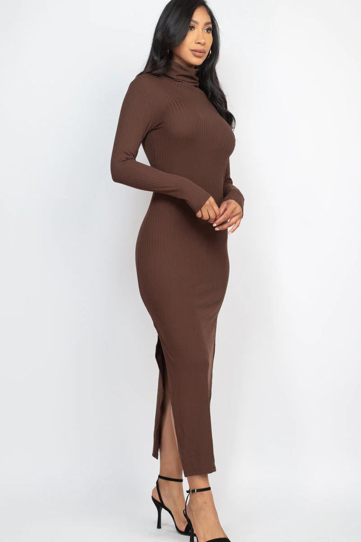 Ribbed Turtleneck Side Slit Maxi Dress (CAPELLA) - Threads Underground