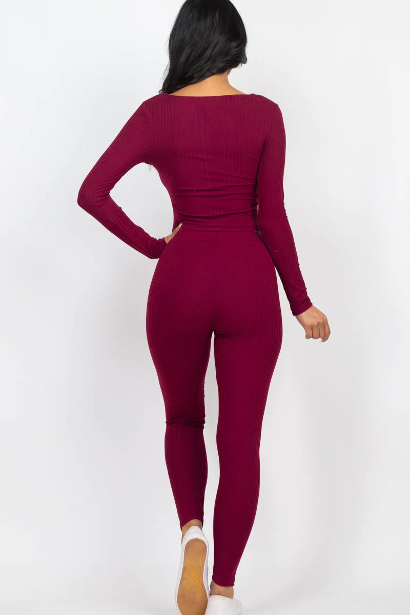 Ribbed Zip Front Long Sleeve Top & Leggings Set (CAPELLA) - Threads Underground