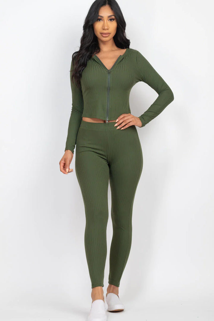 Ribbed Zip Front Long Sleeve Top & Leggings Set (CAPELLA) - Threads Underground