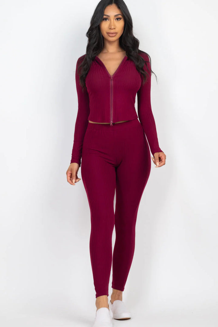 Ribbed Zip Front Long Sleeve Top & Leggings Set (CAPELLA) - Threads Underground