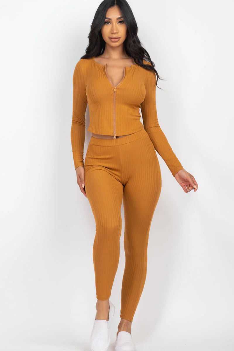 Ribbed Zip Front Long Sleeve Top & Leggings Set (CAPELLA) - Threads Underground