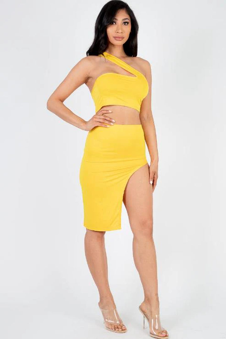 Sexy Solid One Shoulder Crop Top & Split Thigh Midi Skirt Set (CAPELLA) - Threads Underground