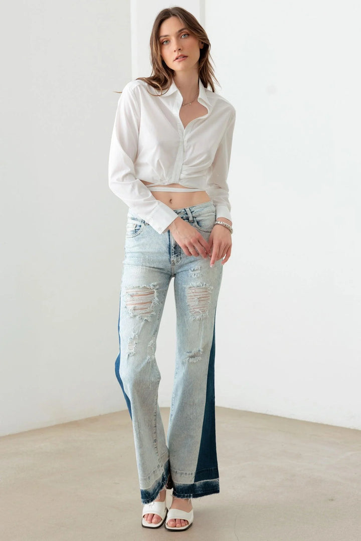 Tow Color Acid Wash Flare Denim Jeans *New Import*