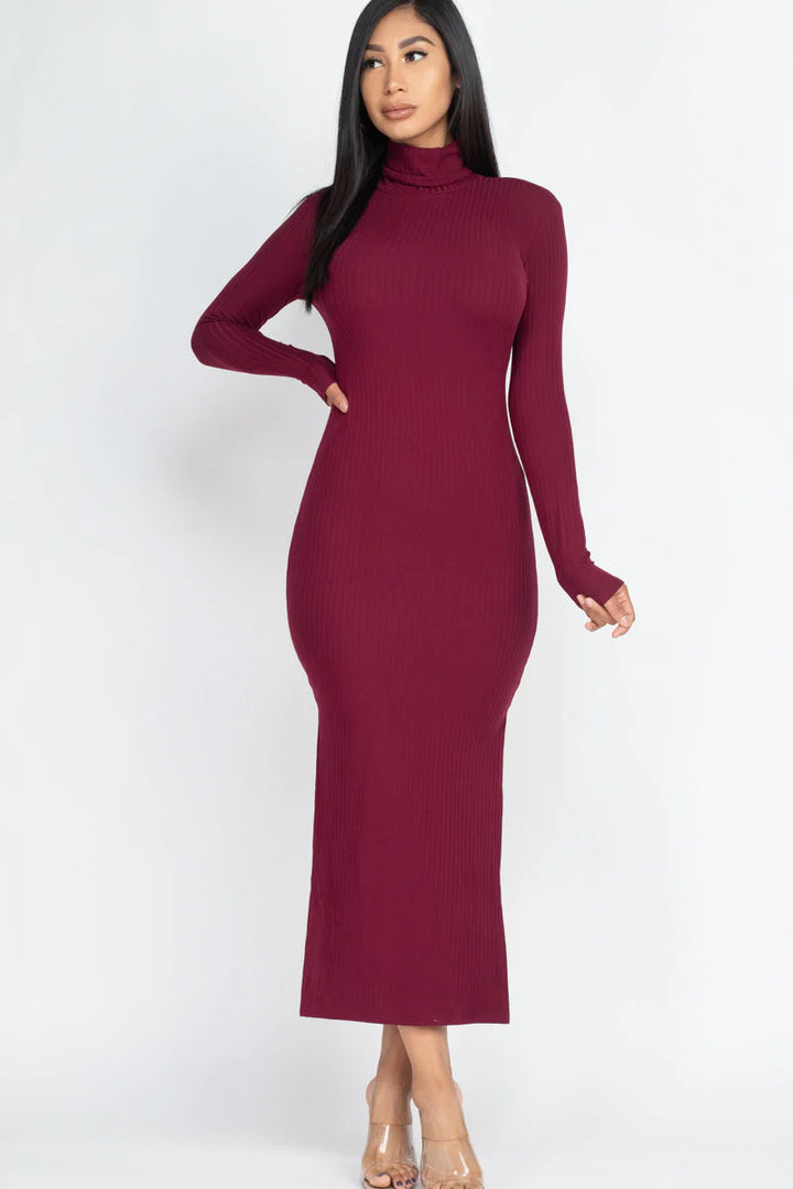 Ribbed Turtleneck Side Slit Maxi Dress (CAPELLA) - Threads Underground