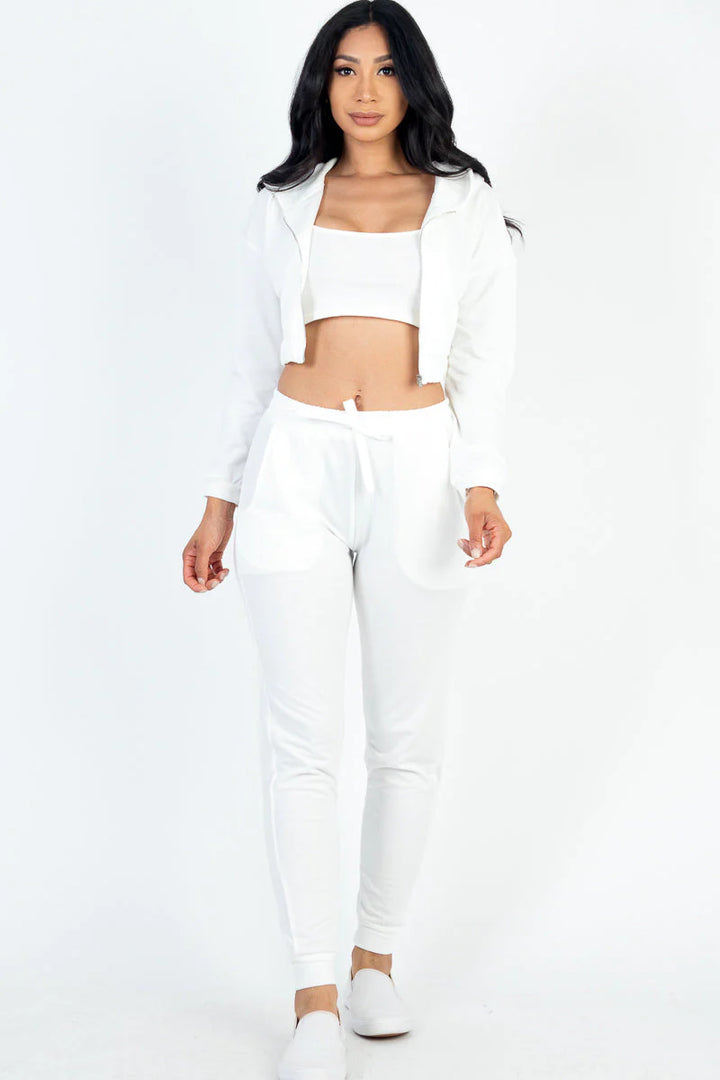 French Terry Cropped Cami with Zip-Up Jacket and Joggers Set (CAPELLA)