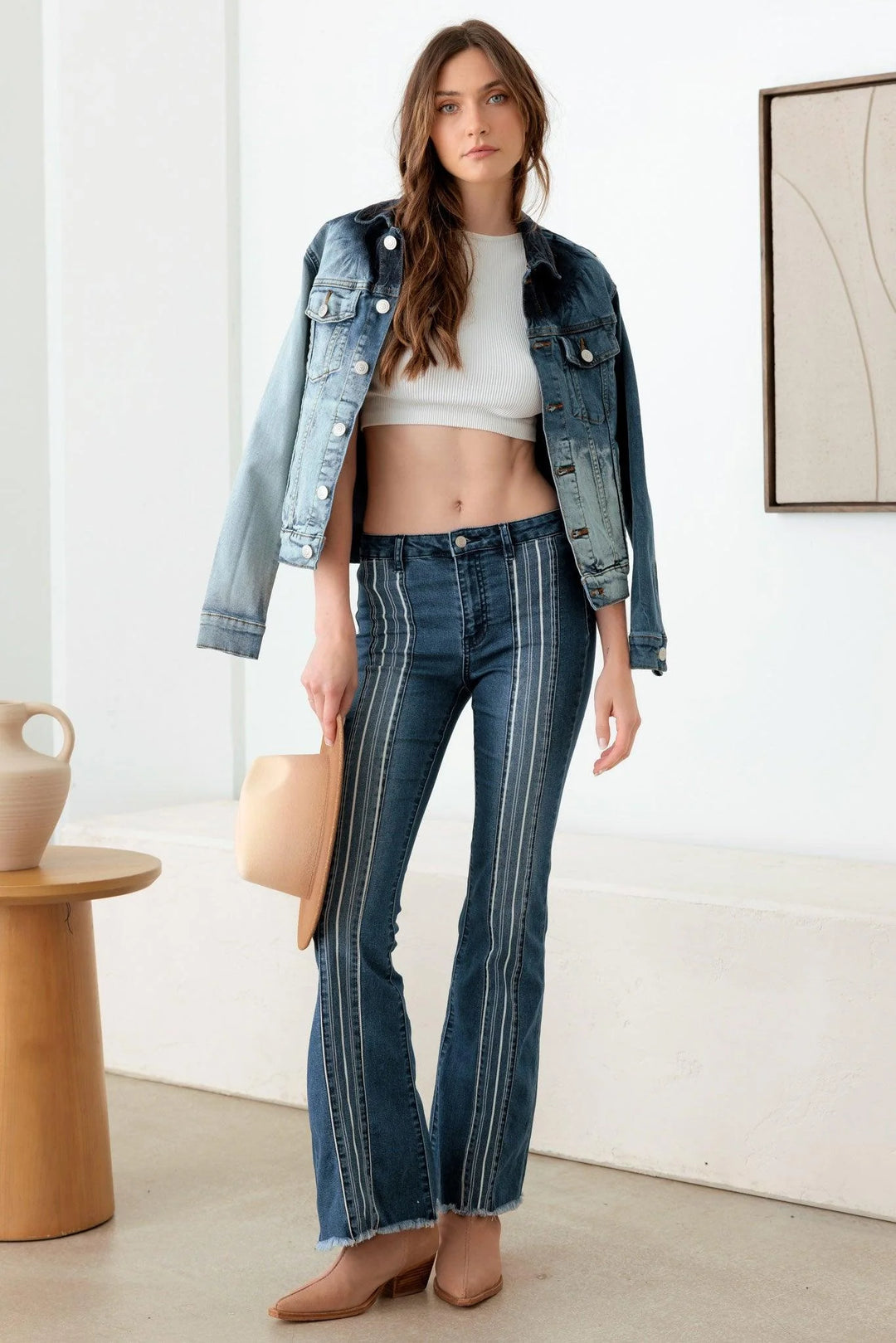 Blue Mid Rise Flare Pin Stripe Jeans *New Import*