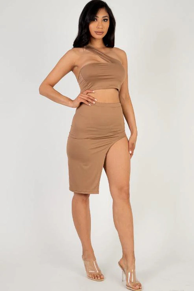 Sexy Solid One Shoulder Crop Top & Split Thigh Midi Skirt Set (CAPELLA) - Threads Underground