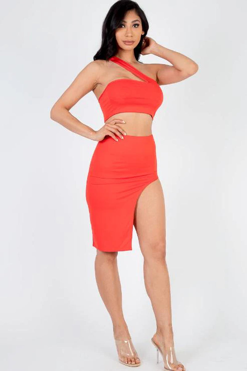 Sexy Solid One Shoulder Crop Top & Split Thigh Midi Skirt Set (CAPELLA) - Threads Underground