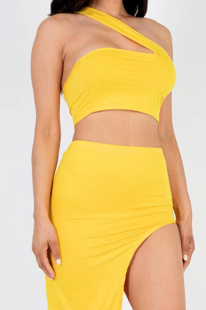 Sexy Solid One Shoulder Crop Top & Split Thigh Midi Skirt Set (CAPELLA) - Threads Underground