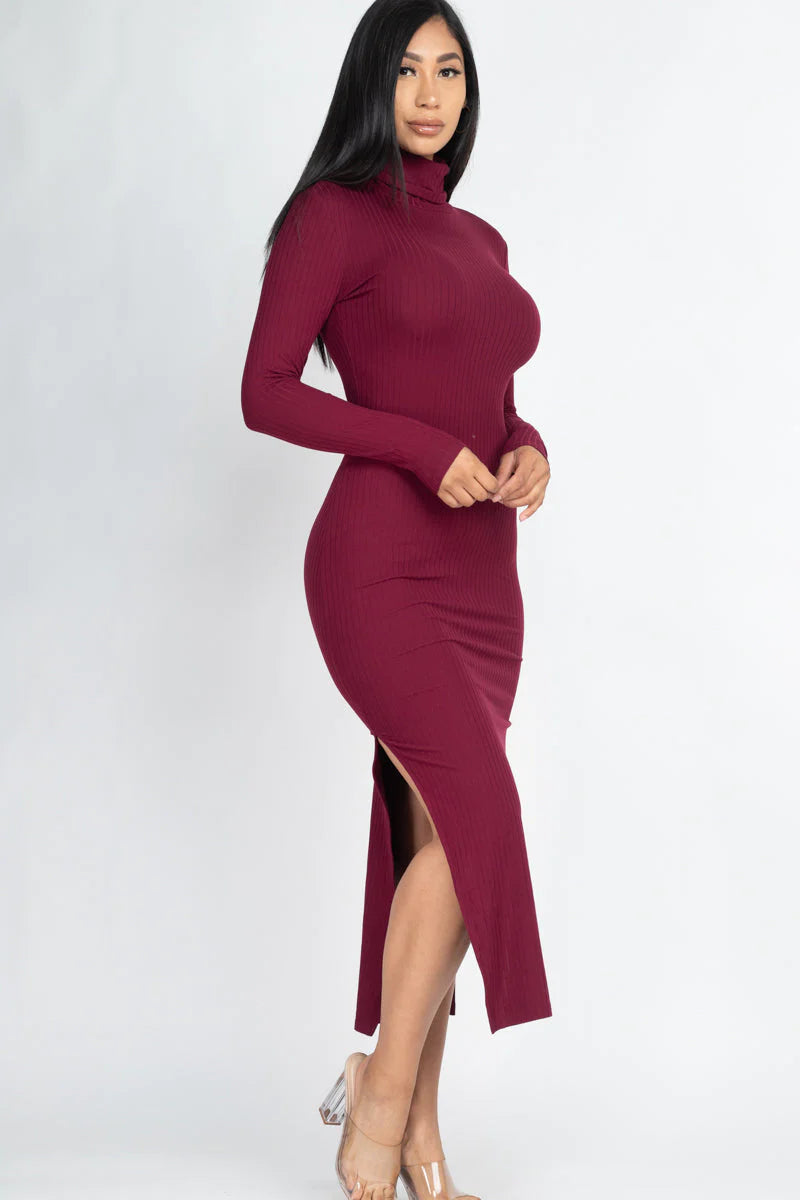 Ribbed Turtleneck Side Slit Maxi Dress (CAPELLA) - Threads Underground