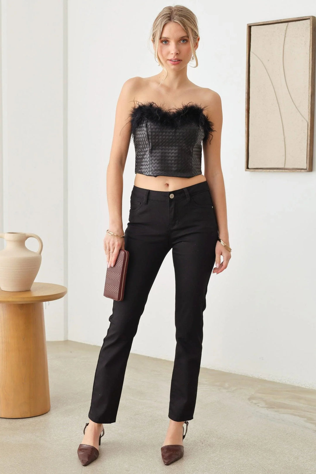 Faux Leather Feather Tube Crop Top *New Import*