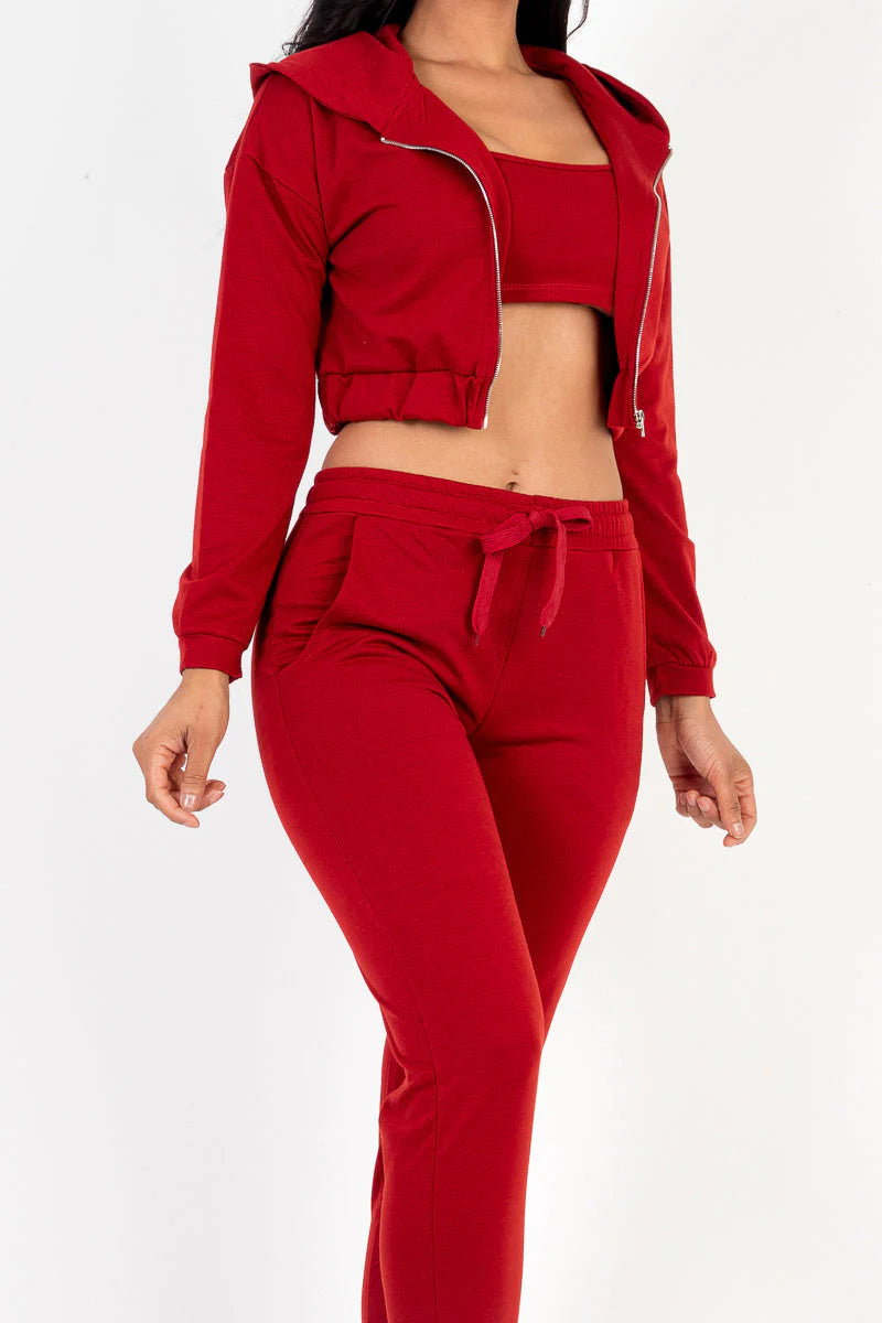 French Terry Cropped Cami with Zip-Up Jacket and Joggers Set (CAPELLA)