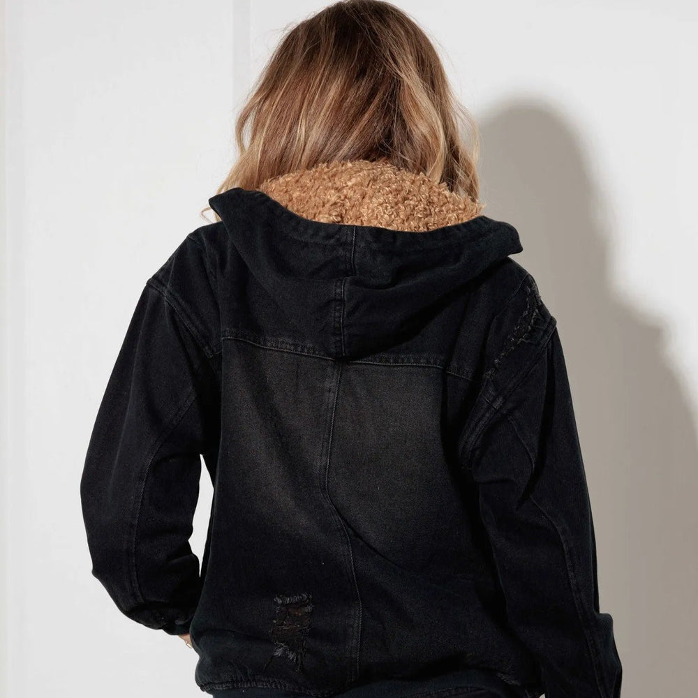 Black Sherpa-Lined Distressed Denim Hoodie Jacket - Threads Underground