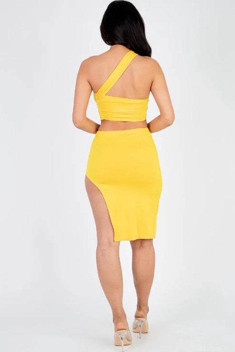 Sexy Solid One Shoulder Crop Top & Split Thigh Midi Skirt Set (CAPELLA) - Threads Underground