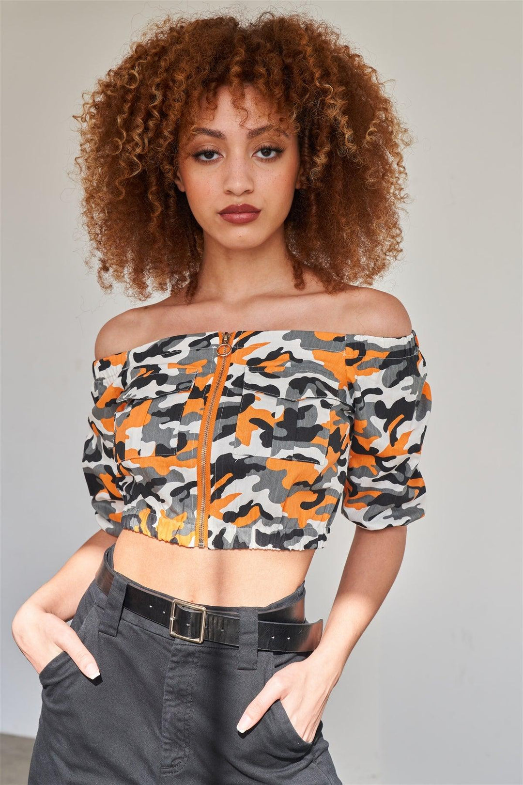 Orange Camo Print off the Shoulder Cargo Crop Top *New Import*