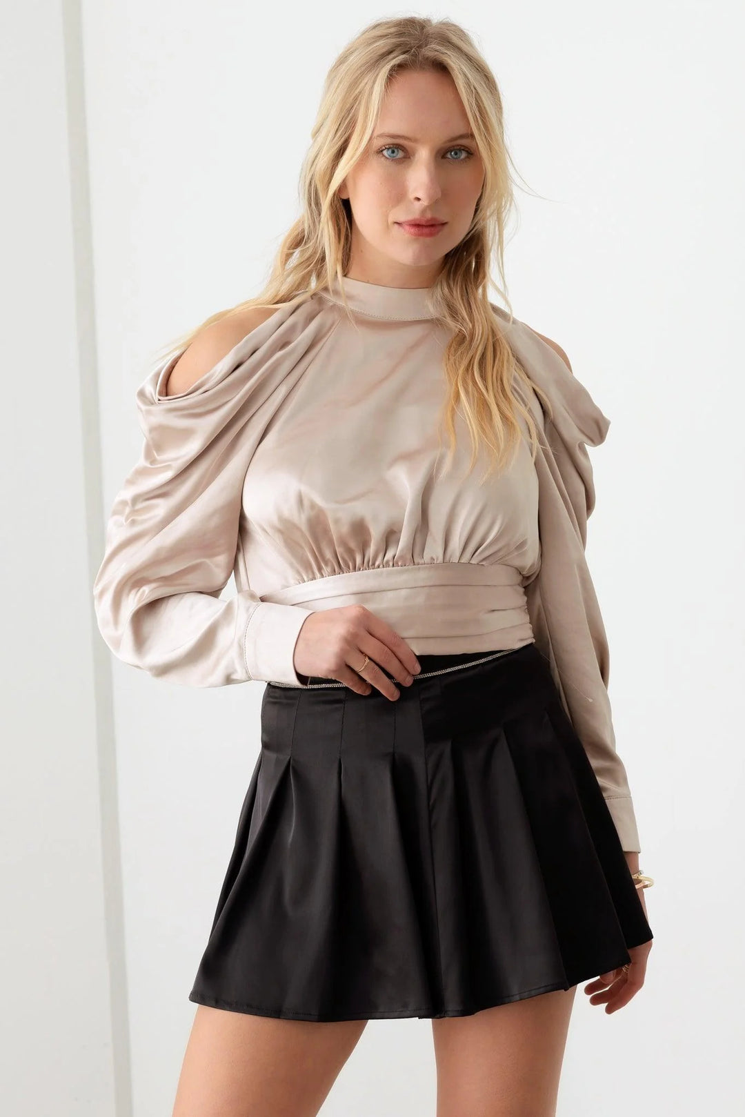 Satin Drape Sleeve Crop Cold Shoulder Top *New Import*