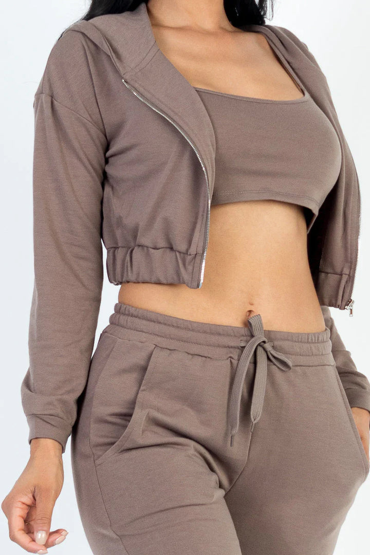 French Terry Cropped Cami with Zip-Up Jacket and Joggers Set (CAPELLA)