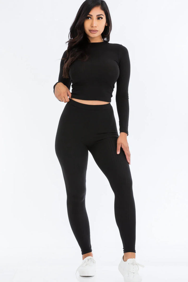 Ribbed Mock Neck Long Sleeve Top & Leggings Set (CAPELLA) - Threads Underground