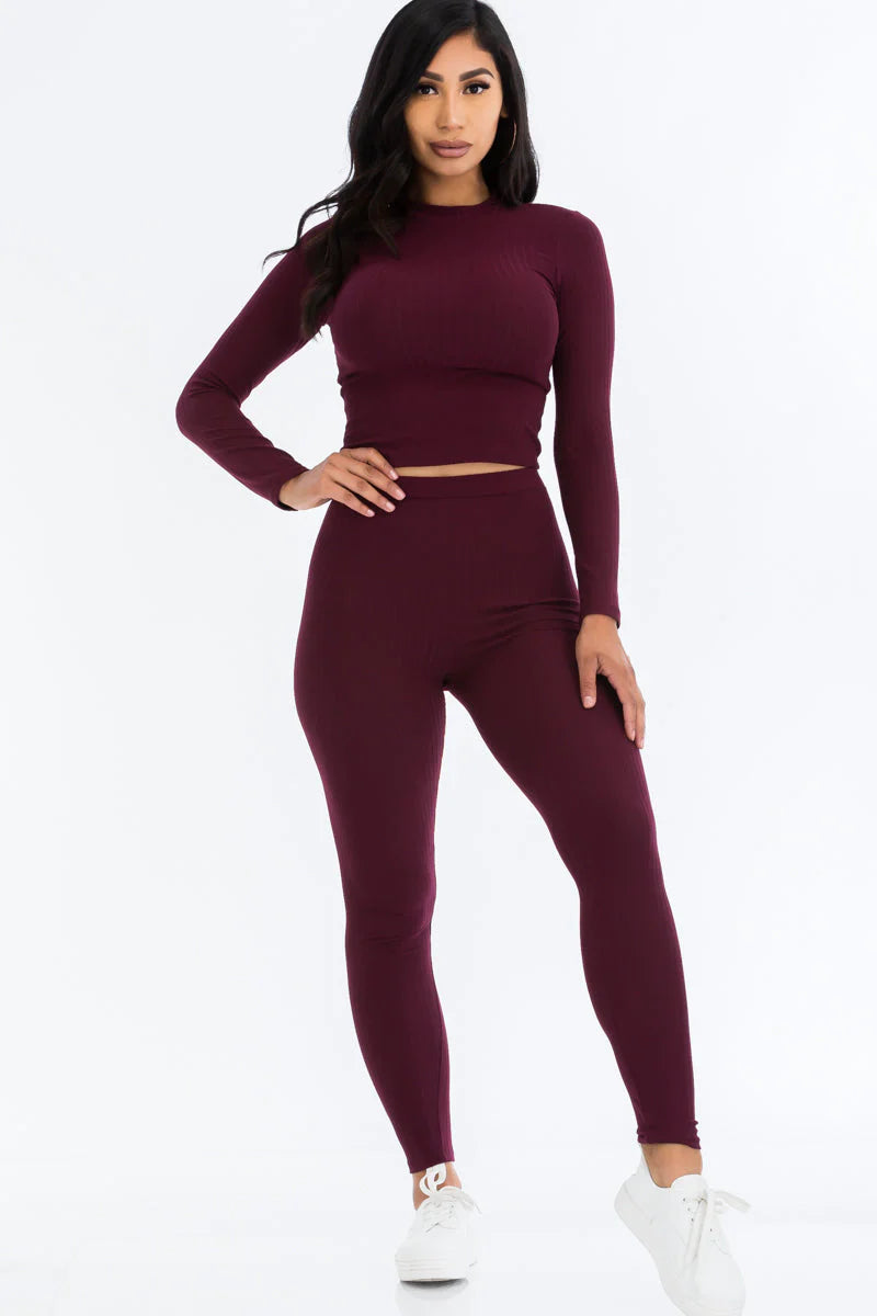 Ribbed Mock Neck Long Sleeve Top & Leggings Set (CAPELLA) - Threads Underground